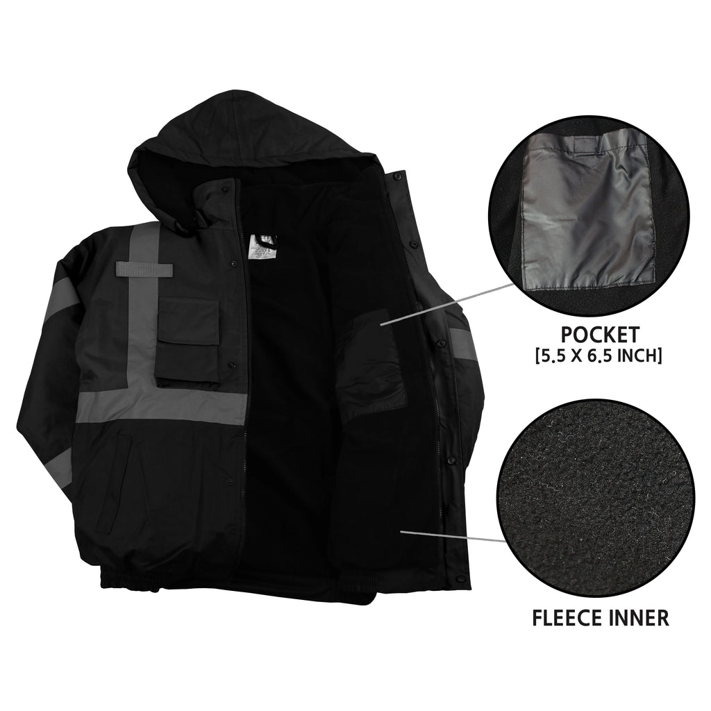 Black Safety Bomber Jacket with Detachable Hood P8694