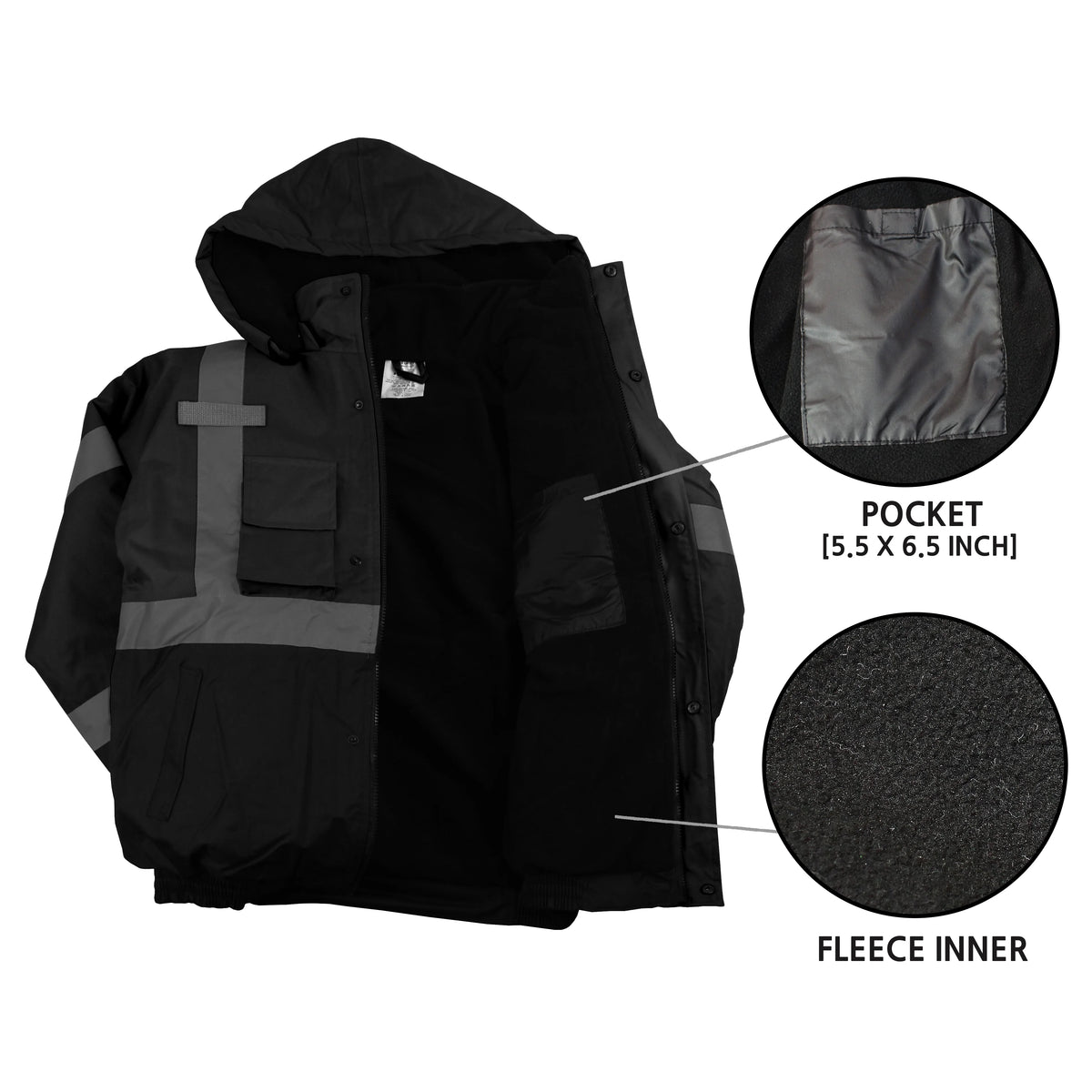 Black Safety Bomber Jacket with Detachable Hood P8694