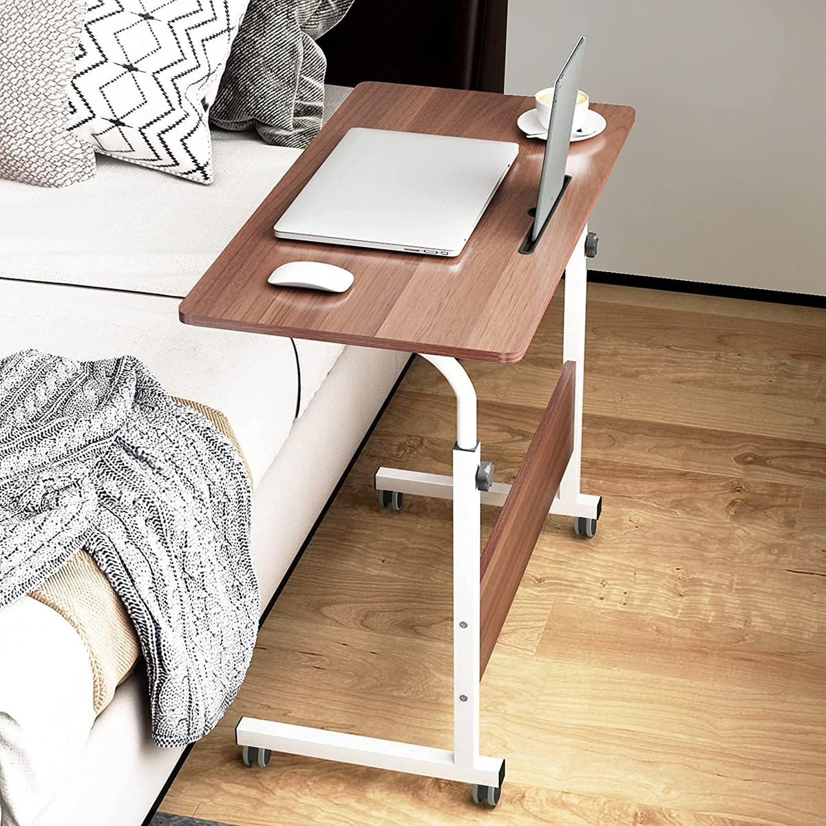 Walnut Adjustable Mobile Bed Table with Tablet Slot, Pack of 2 S913