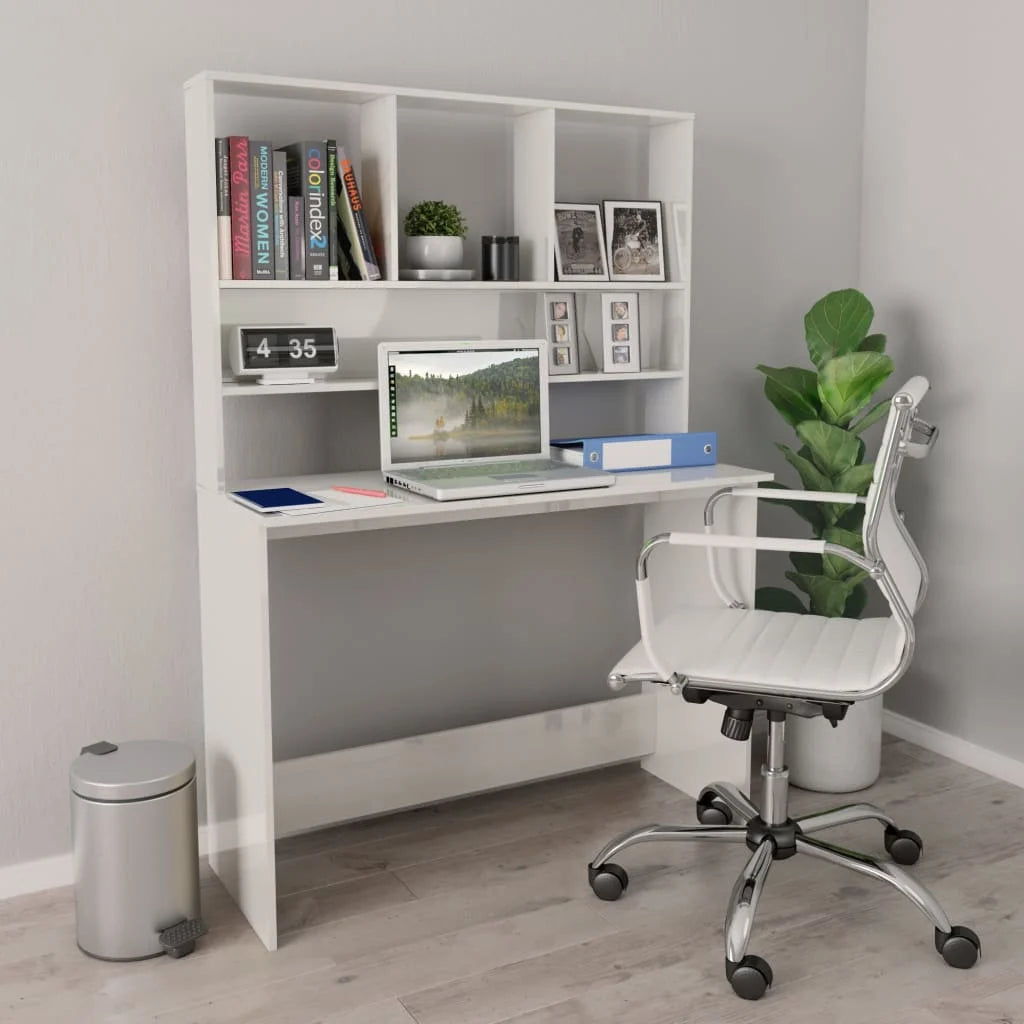 High Gloss White Engineered Wood Desk with Shelves C67477