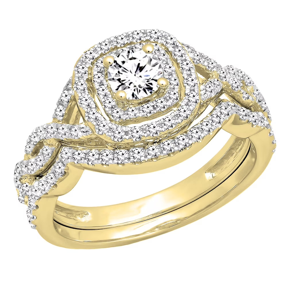14K Yellow Gold Diamond Halo Engagement Ring Set J23021
