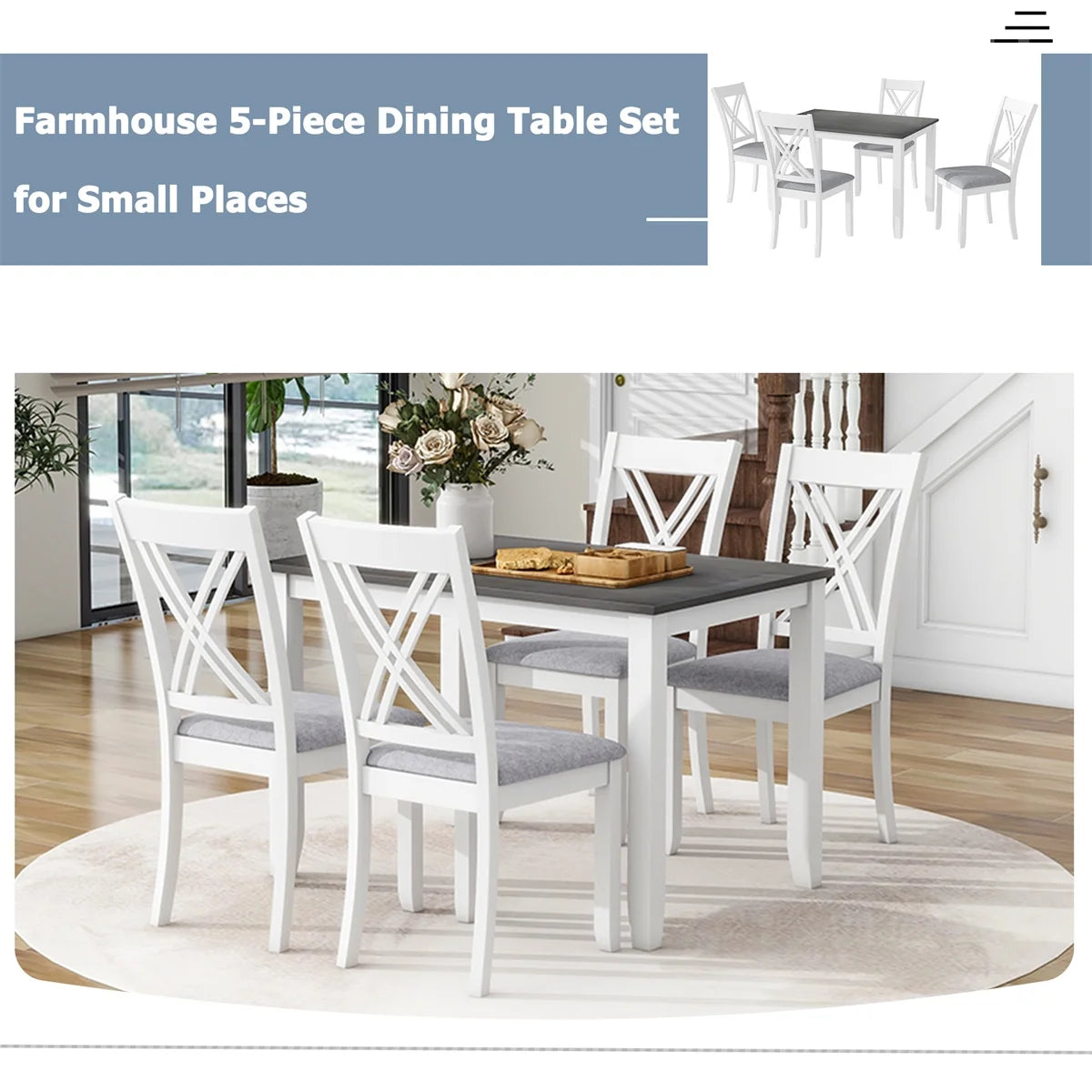 Rustic 5-Piece Dining Table Set with 4 X-Back Chairs B685