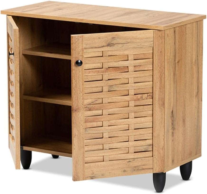 Oak Brown Finished Wood 2-Door Shoe Cabinet U235