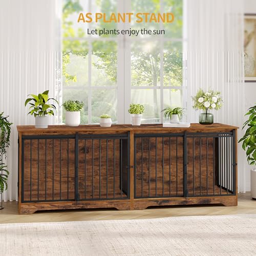 78 Inch Extra Large Double Dog Crate Furniture with Divider, Rustic Brown X381