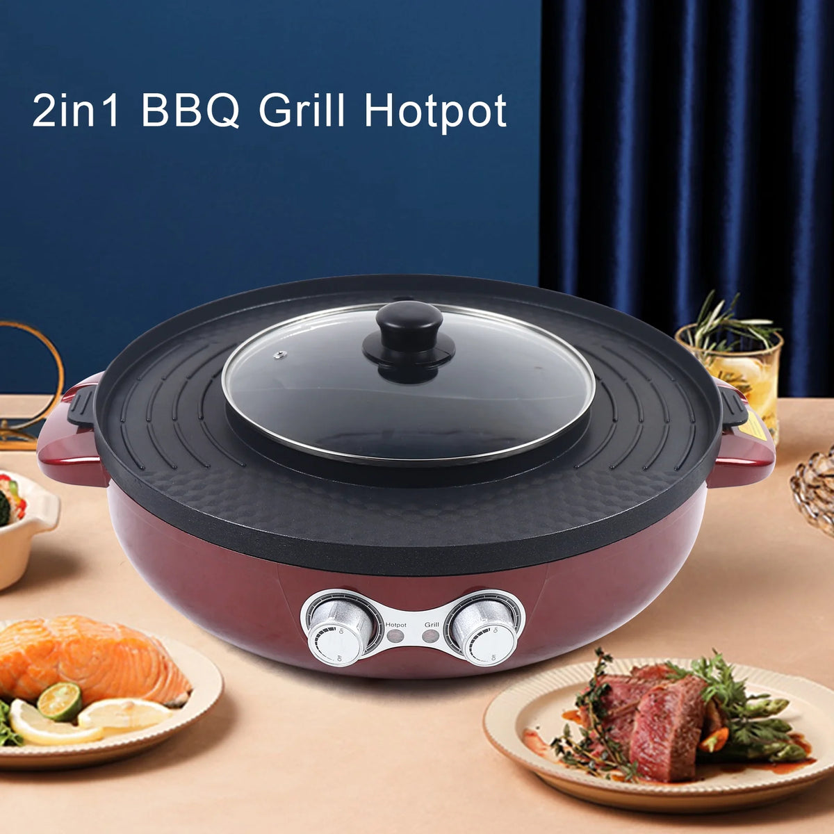2 in 1 Smokeless BBQ Grill & Shabu Shabu Hot Pot, 2200W Electric Grill Soup Pot U29027