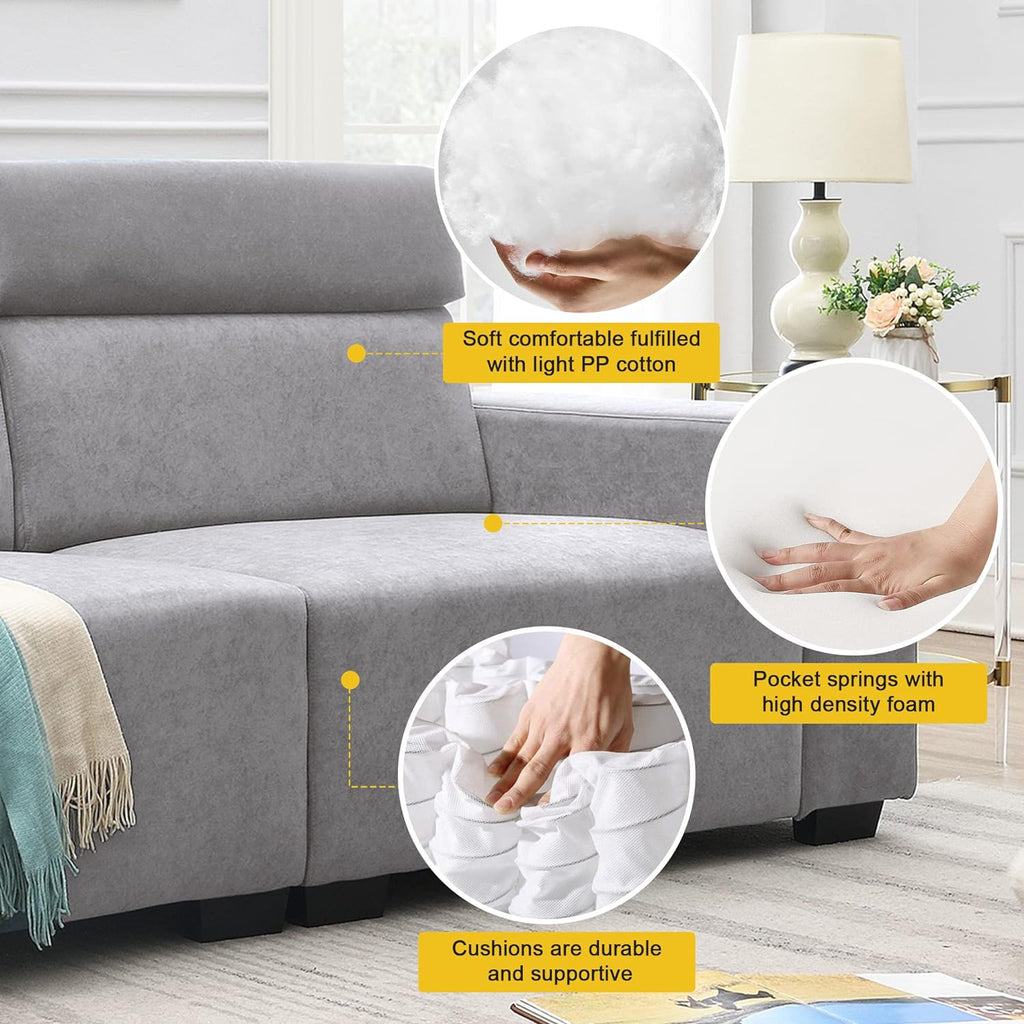 Light Grey Velvet Upholstered Sofa with Adjustable Headrests N933794