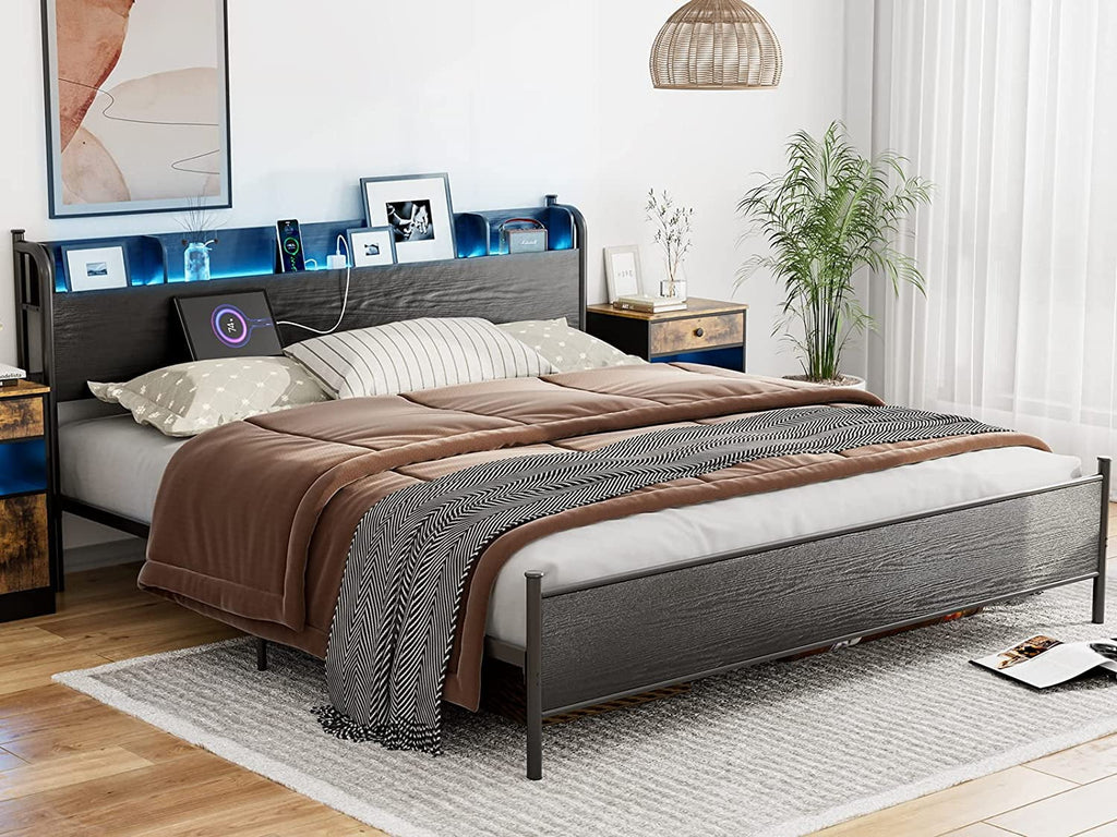 California King Metal and Wood Platform Bed Frame with Storage Shelf Headboard and Charging Station T46836