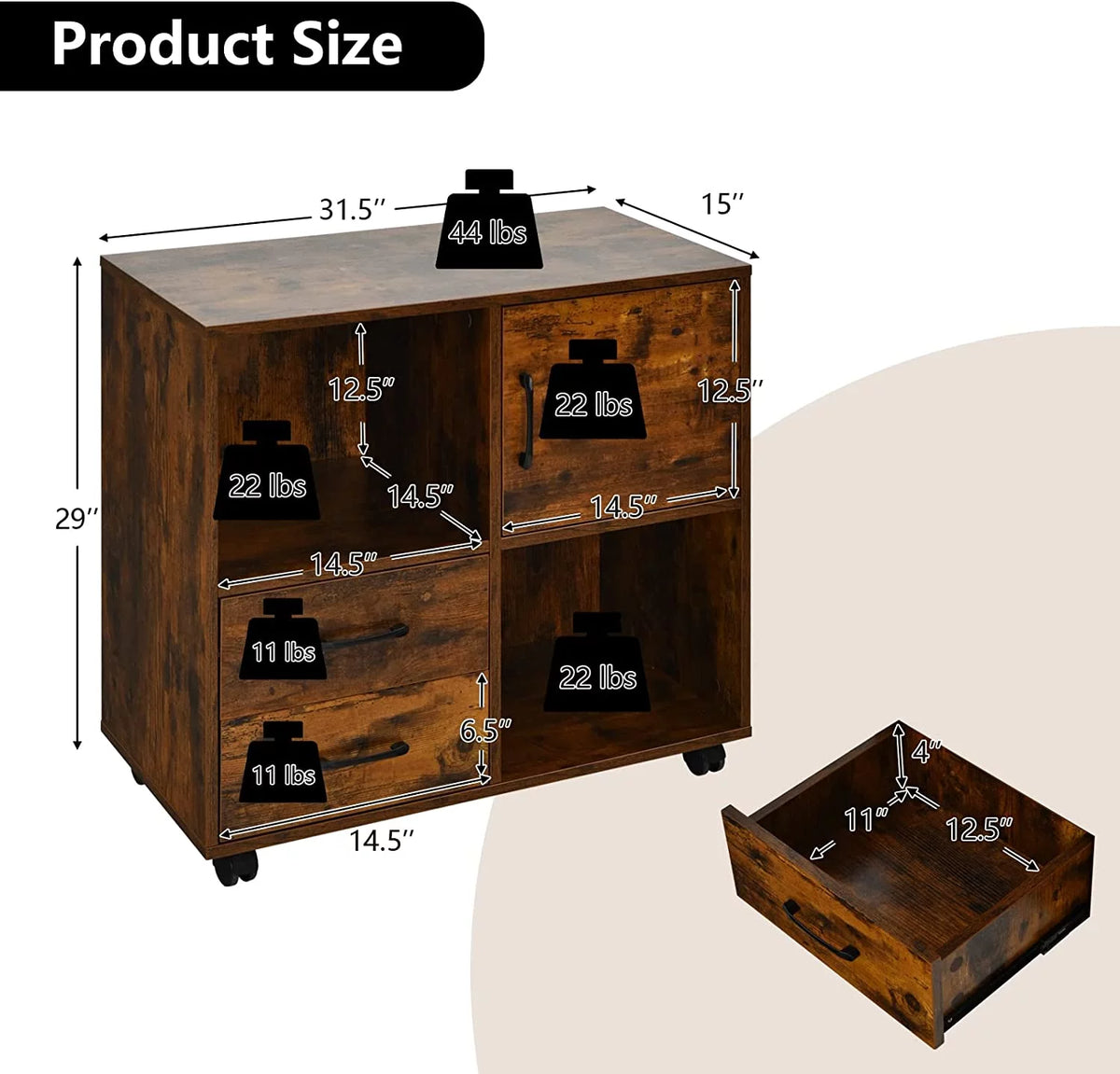 Rustic Brown Mobile Printer Stand with 2 Drawers C955459