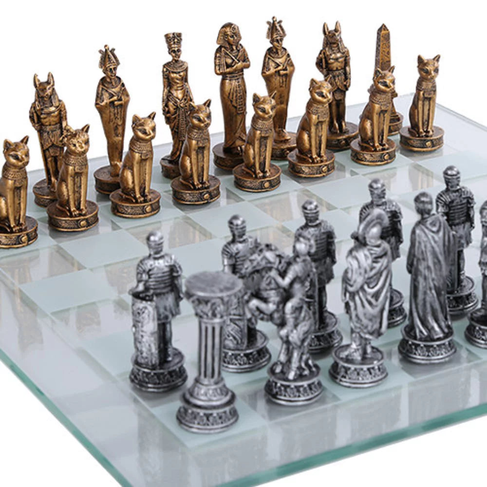 Egyptian vs Roman Chess Set with Glass Board C3825