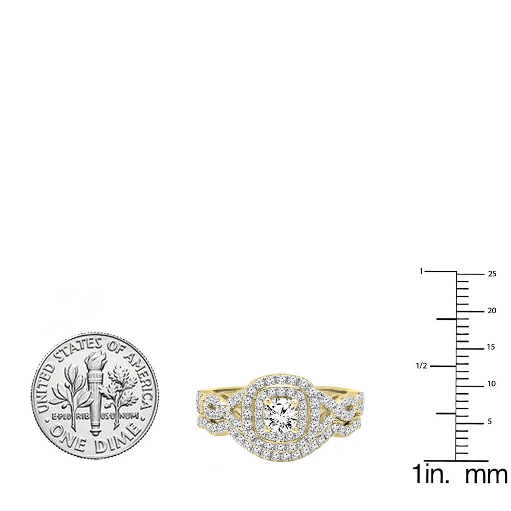 14K Yellow Gold Diamond Halo Engagement Ring Set J23021