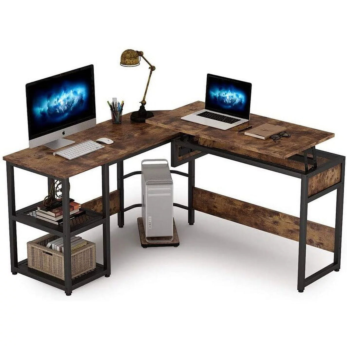 L-Shaped Height Adjustable Computer Desk with Shelves K282888