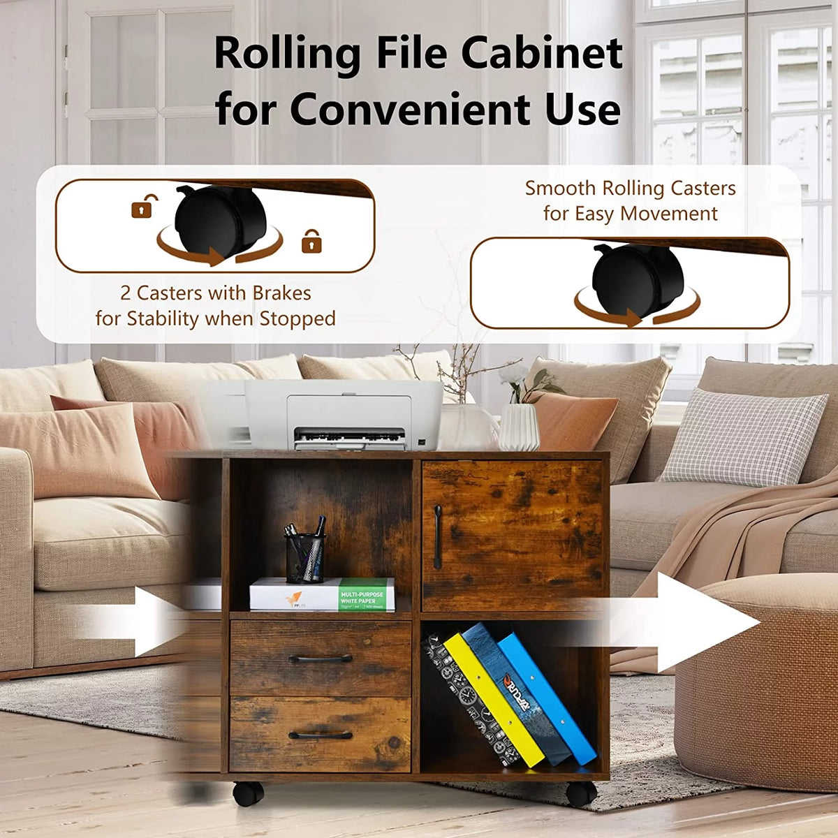 Rustic Brown Mobile Printer Stand with 2 Drawers C955459