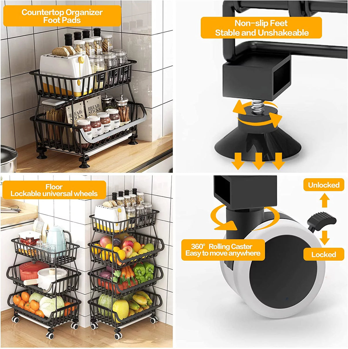 Black Metal Wire 4 Tier Fruit Vegetable Storage Basket with Wheels L791743