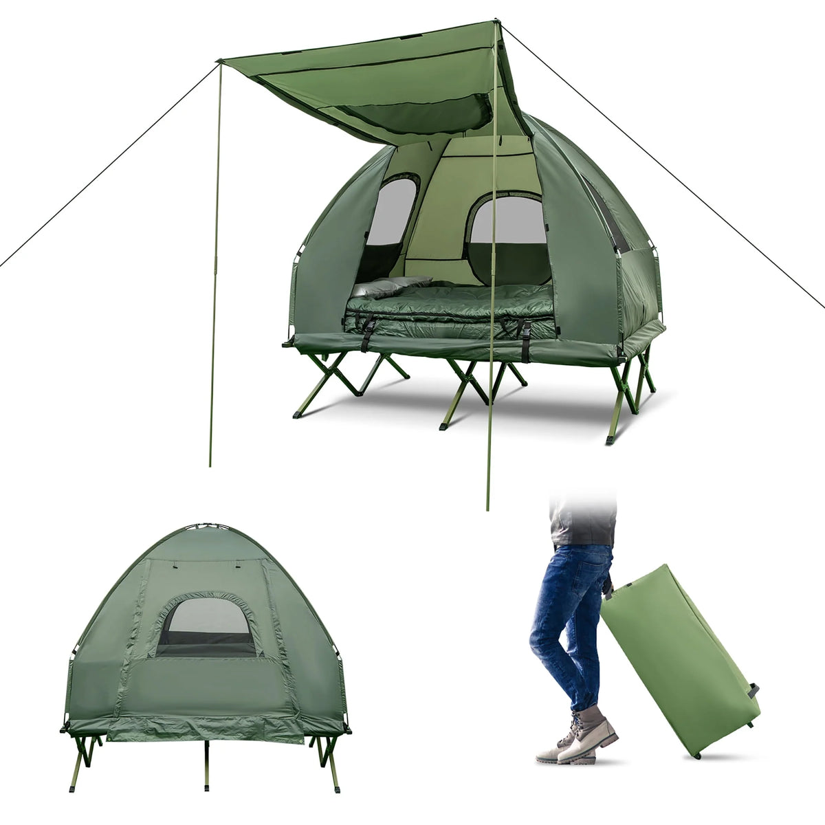 2-Person Pop-Up Tent Camping Cot with Air Mattress and Sleeping Bag A968805