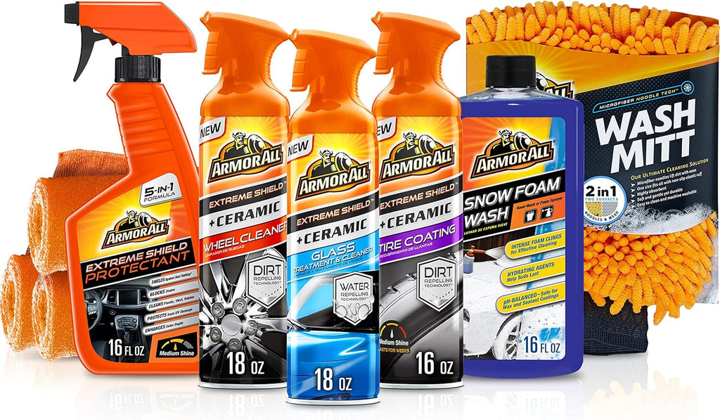 Ceramic Glass Cleaner, Car Wash, Wheel and Tire Cleaner, UV Protectant, 4 Microfiber Accessories, 9 Items Car Detailing Kit K6514