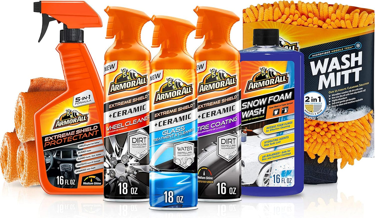 Ceramic Glass Cleaner, Car Wash, Wheel and Tire Cleaner, UV Protectant, 4 Microfiber Accessories, 9 Items Car Detailing Kit K6514