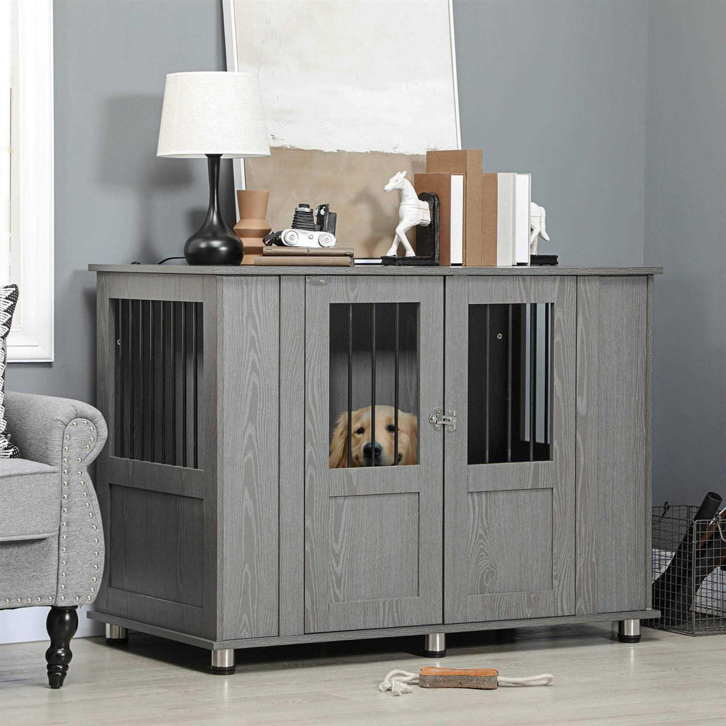 Wooden Dog Crate End Table with Lockable Magnetic Doors N689439