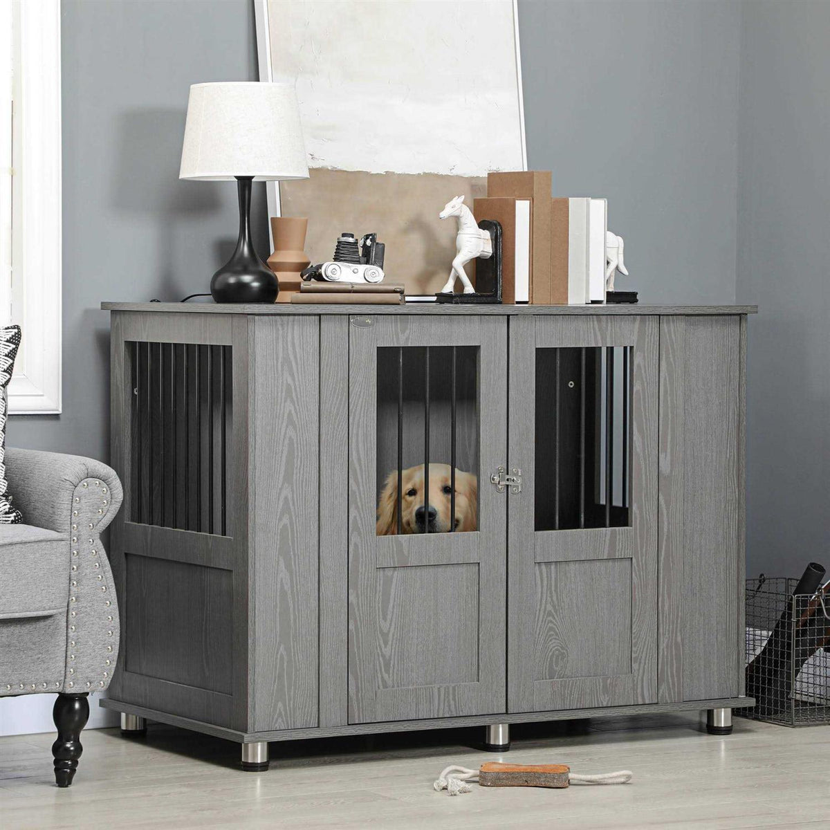 Wooden Dog Crate End Table with Lockable Magnetic Doors N689439