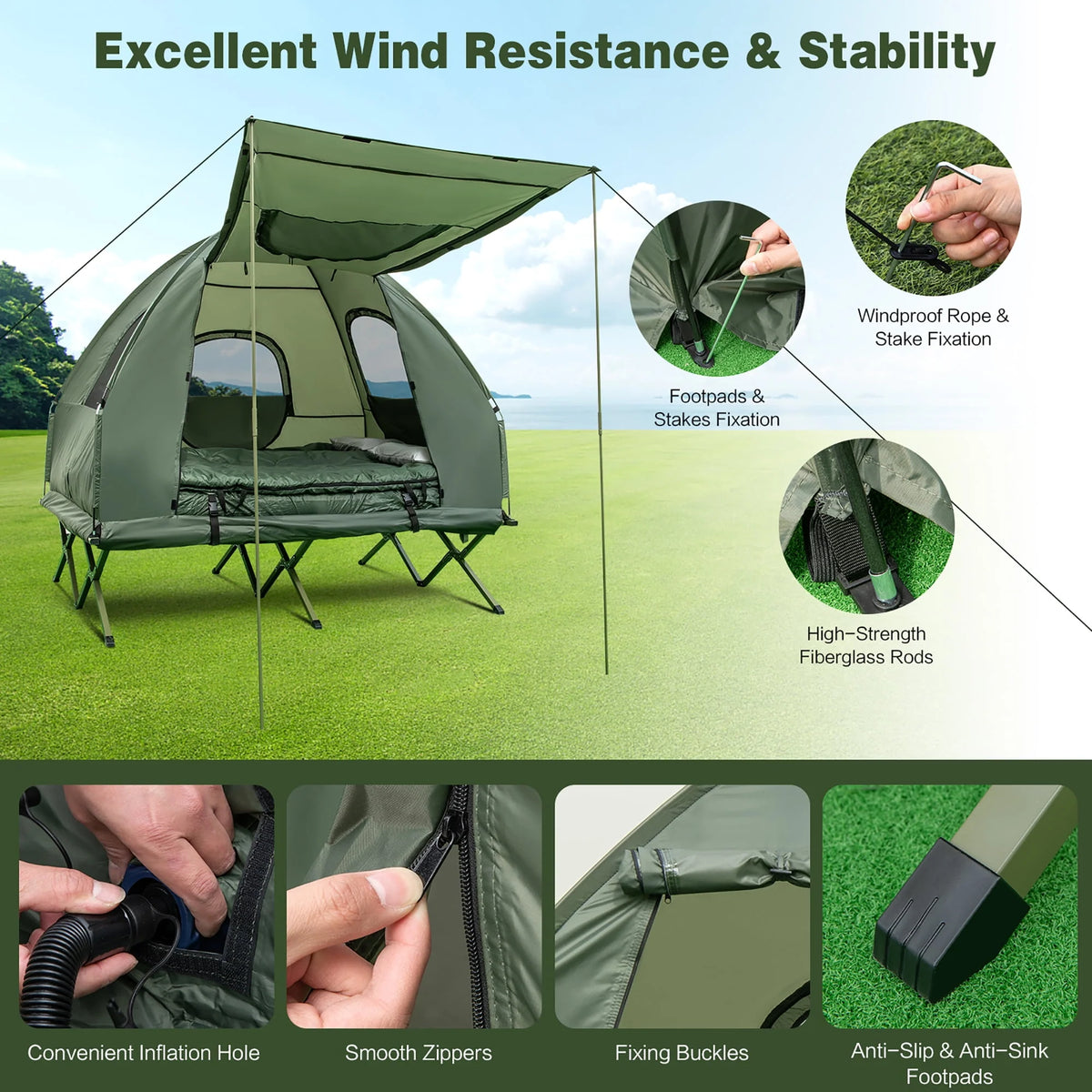 2-Person Pop-Up Tent Camping Cot with Air Mattress and Sleeping Bag A968805
