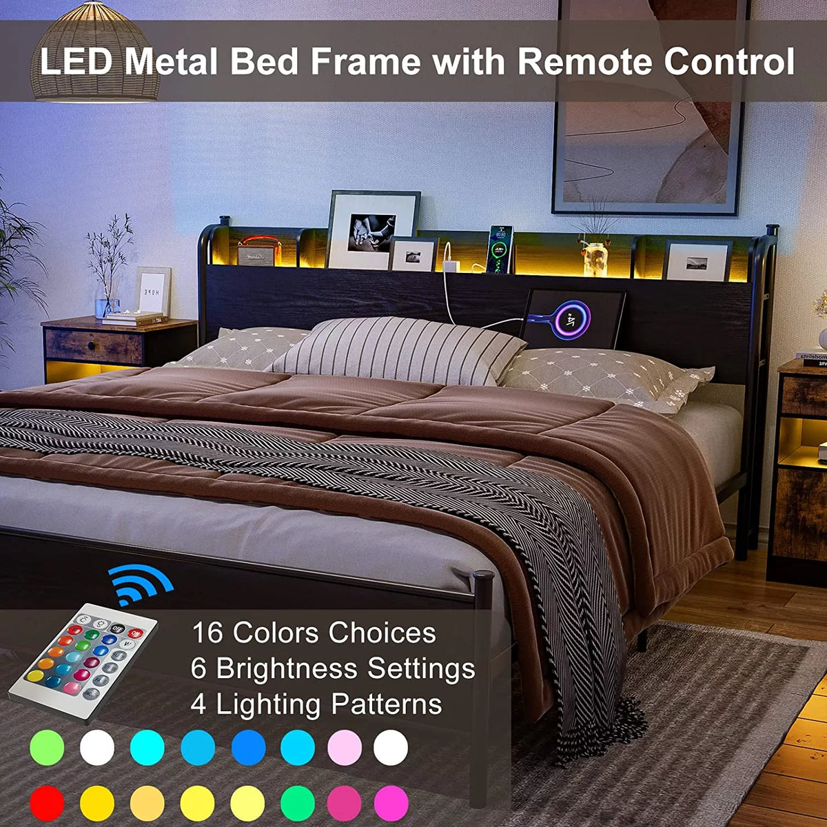 California King Metal and Wood Platform Bed Frame with Storage Shelf Headboard and Charging Station T46836