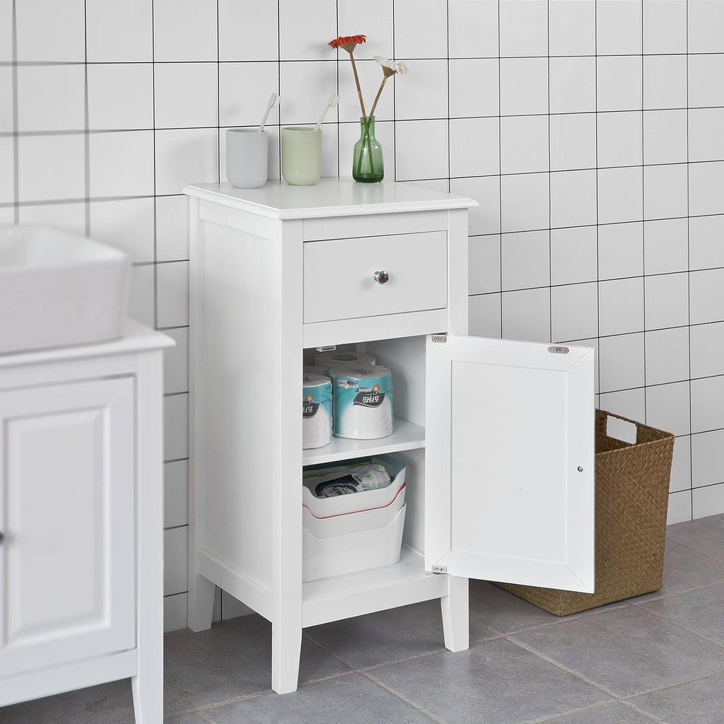 White Bathroom Storage Cabinet with Drawer and Adjustable Shelf D4181
