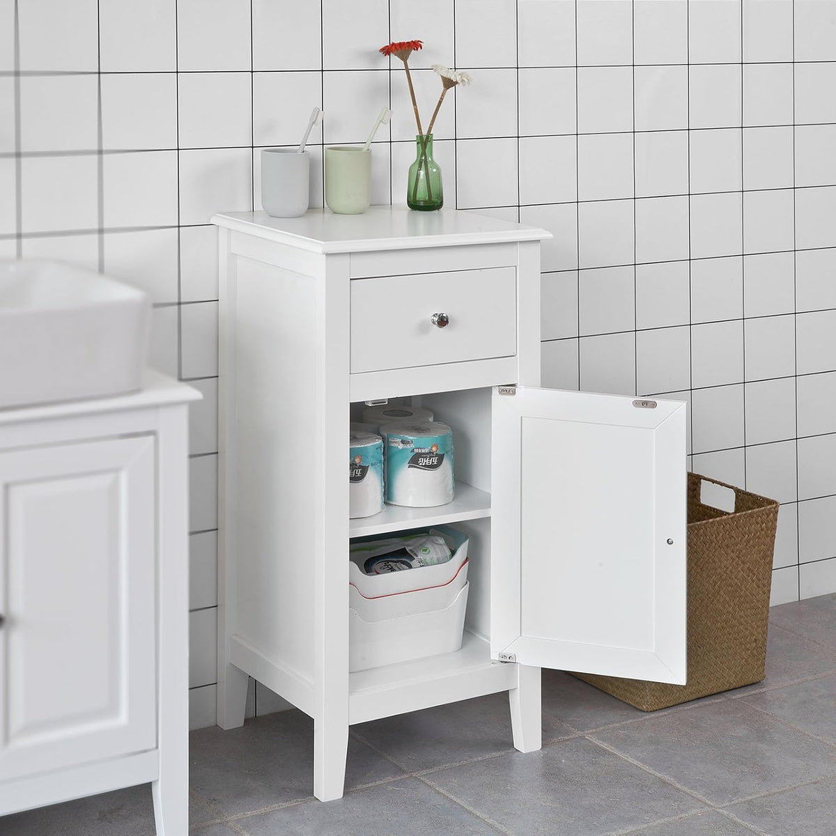 White Bathroom Storage Cabinet with Drawer and Adjustable Shelf D4181