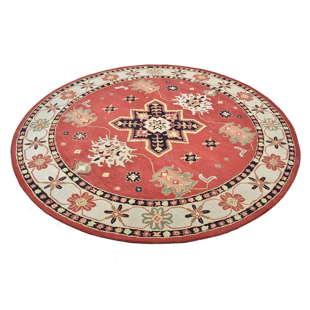 10'x10' Round Red Cream Hand Tufted Wool Area Rug S115