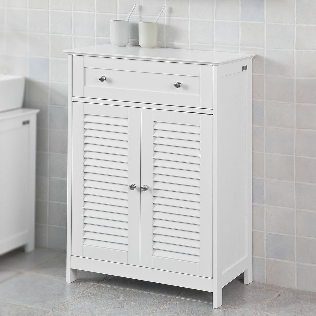 White Bathroom Storage Cabinet with Drawer and Adjustable Shelf D4181