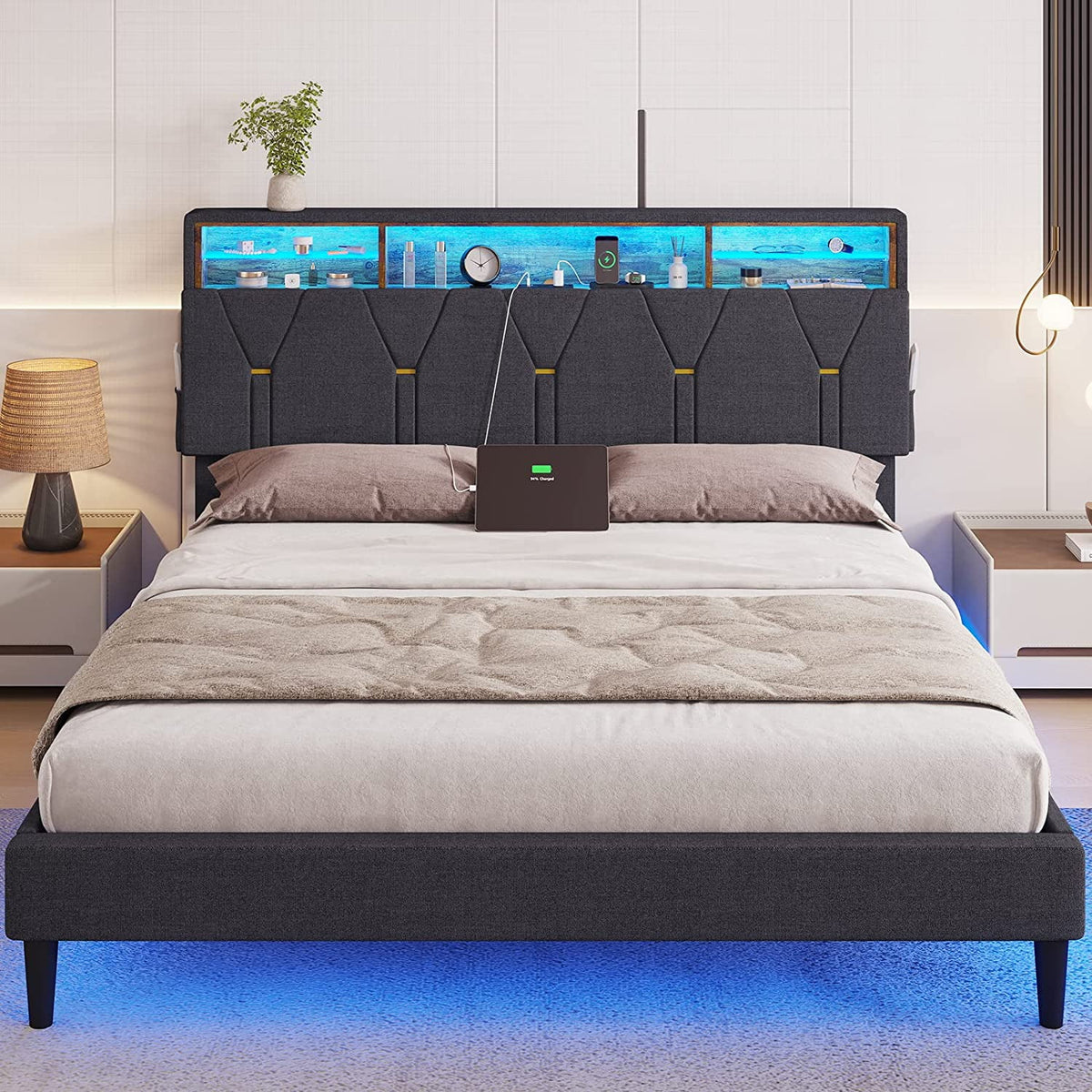 Queen Size Dark Grey Upholstered Platform Bed Frame F4646