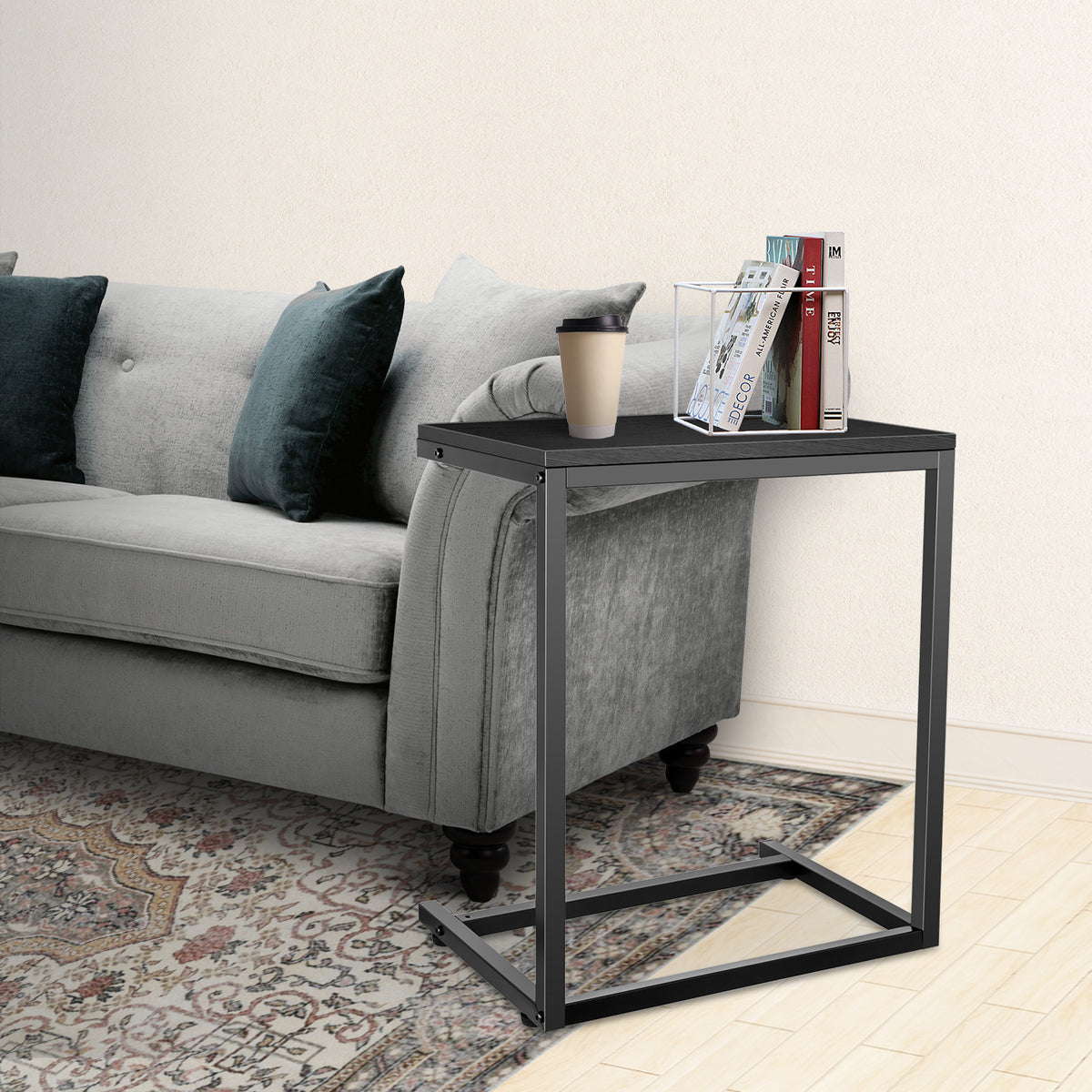 C Shaped Sofa Side End Table with Hardwood Surface, Black C85922