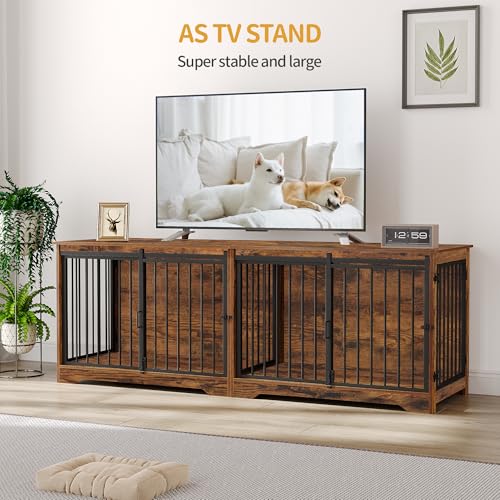 78 Inch Extra Large Double Dog Crate Furniture with Divider, Rustic Brown X381