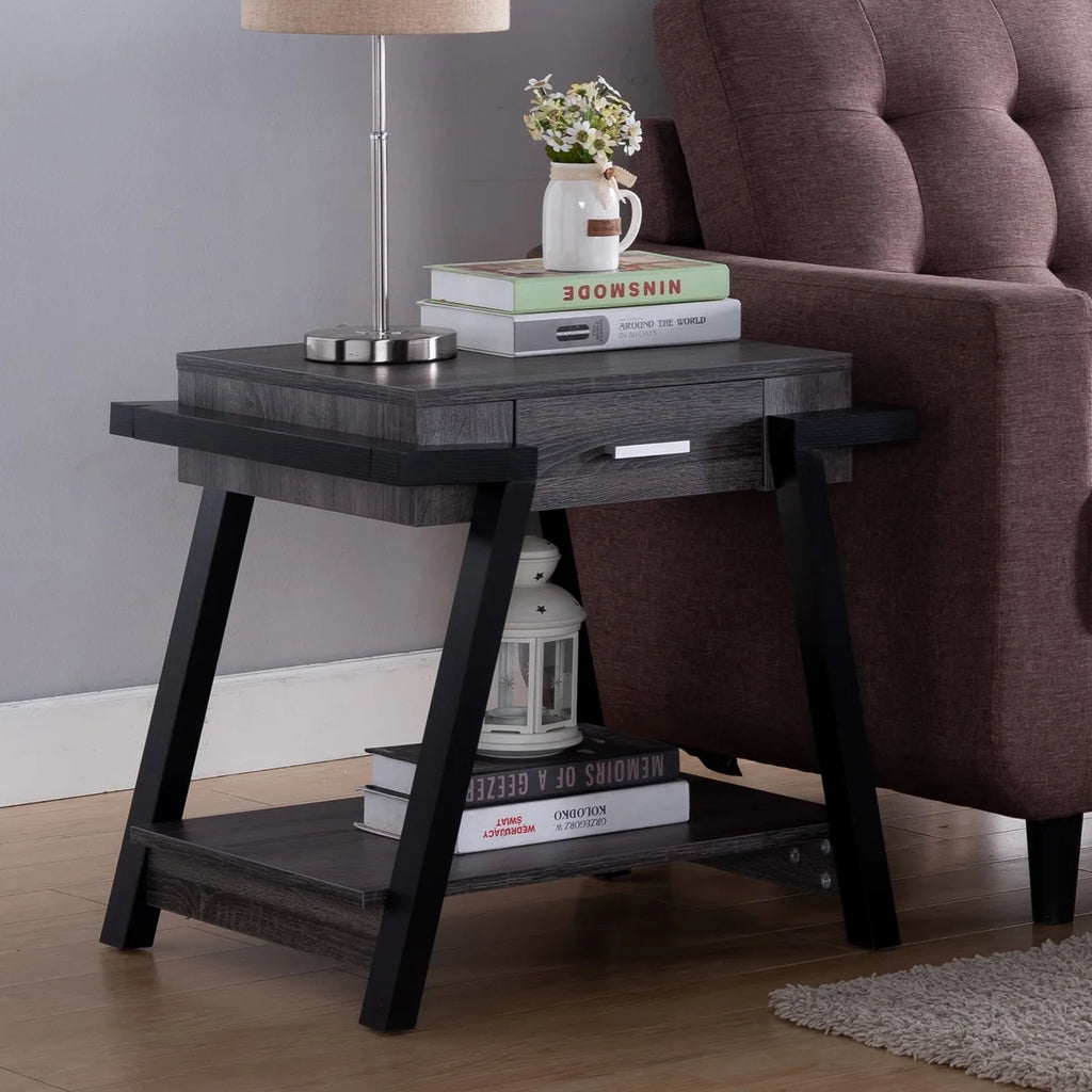 Black Wood End Table with Drawer and Shelf R22156