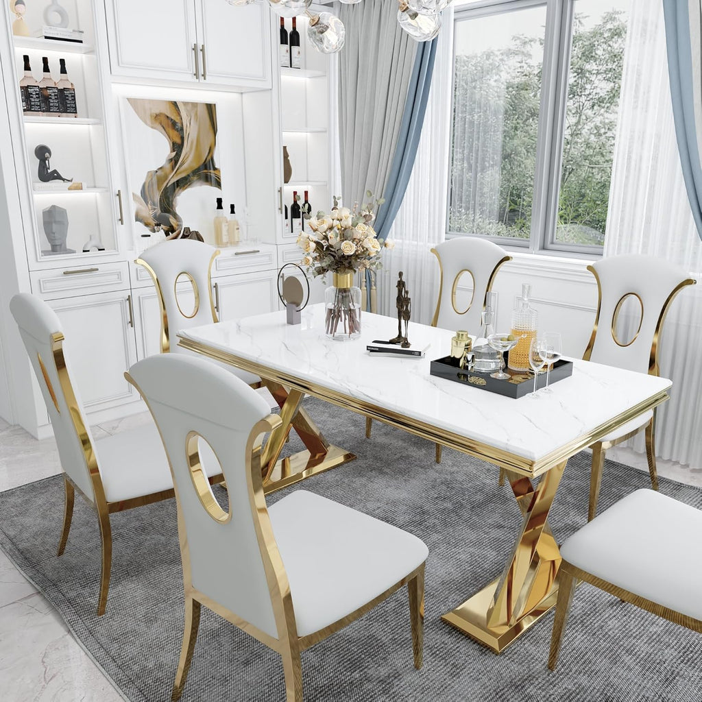 White and Gold 72" Dining Table with Double X-Base J602