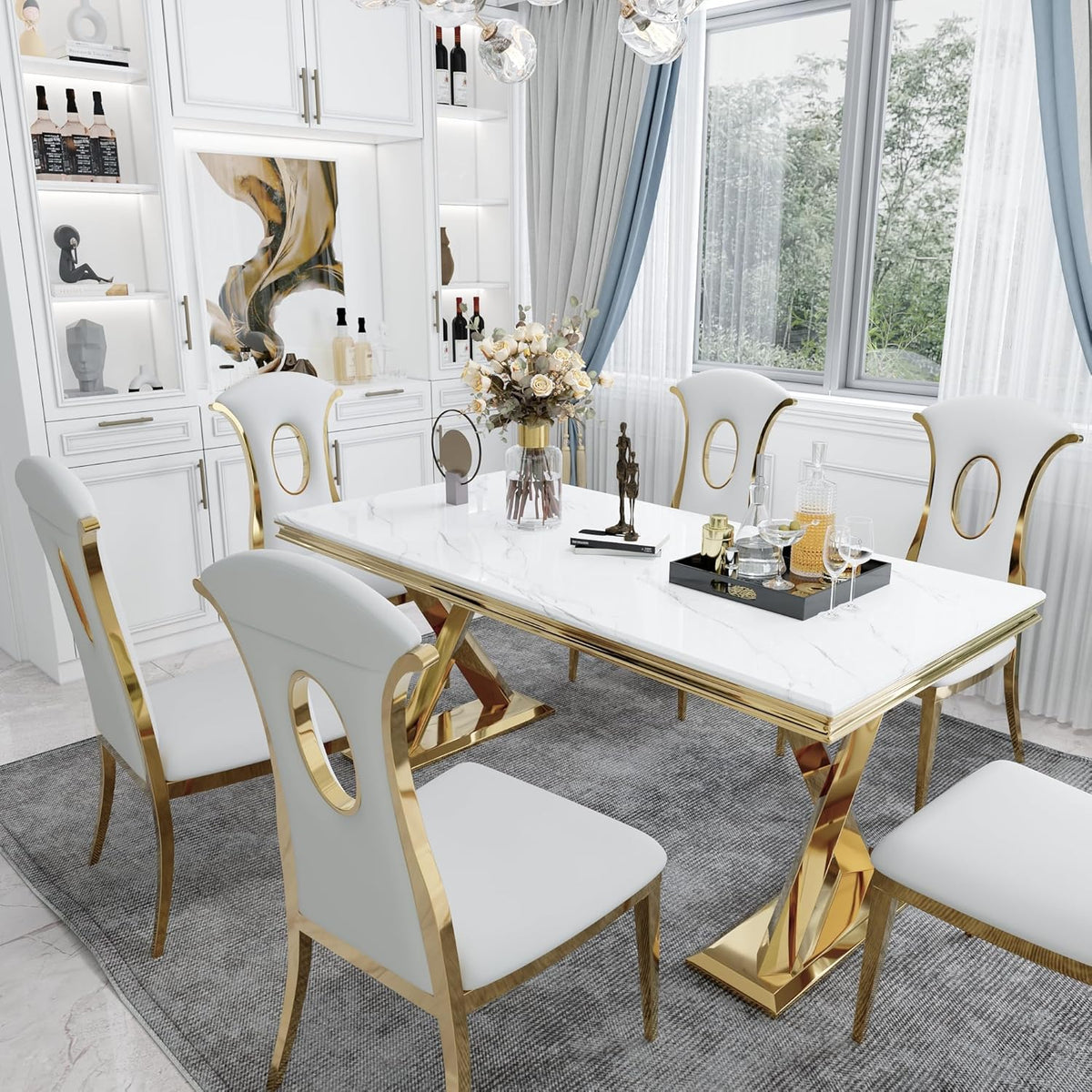 White and Gold 72" Dining Table with Double X-Base J602