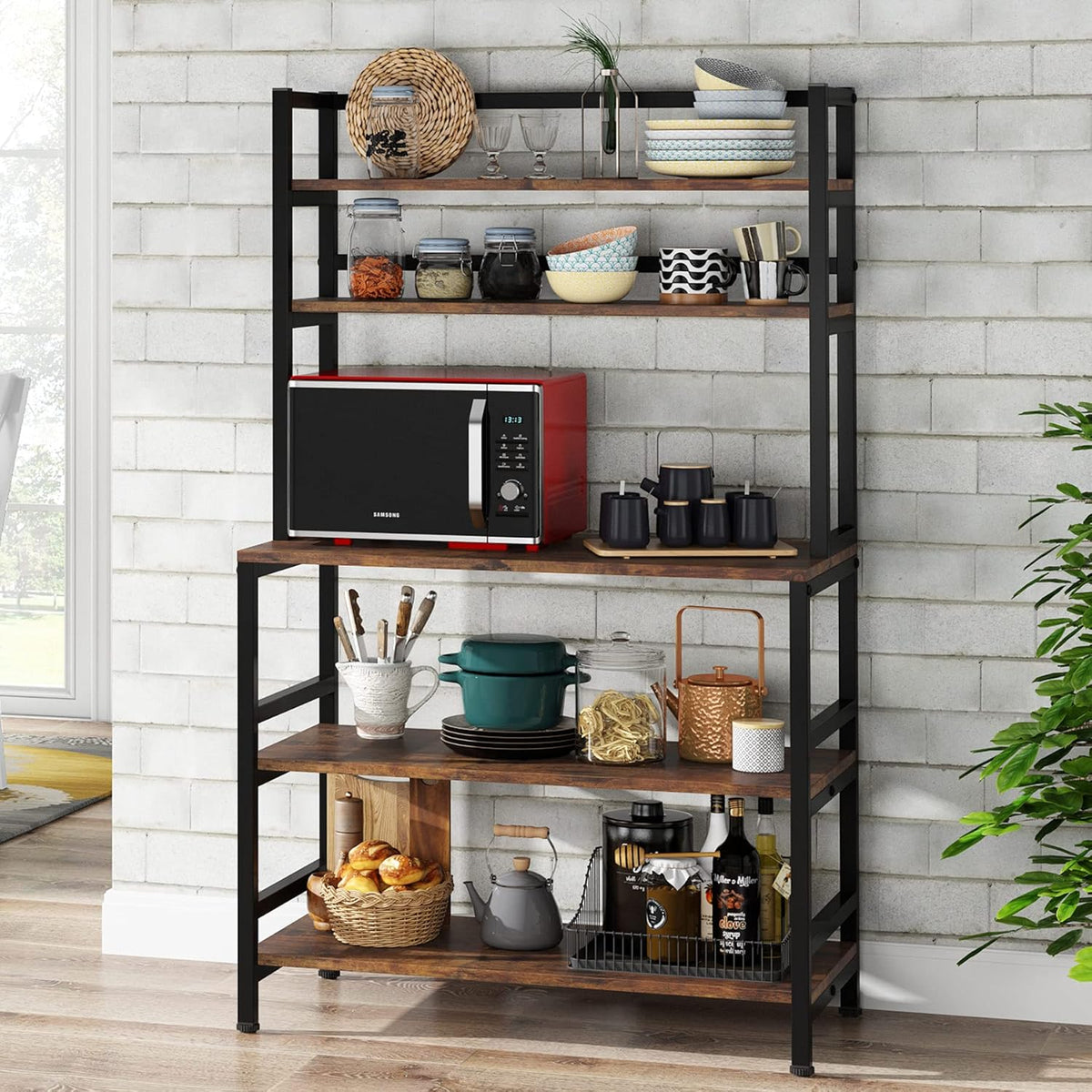 5-Tier Kitchen Bakers Rack with Hutch, Industrial Microwave Oven Stand, Free Standing Kitchen Utility Cart Storage Shelf Organizer (Rustic Brown) X44305