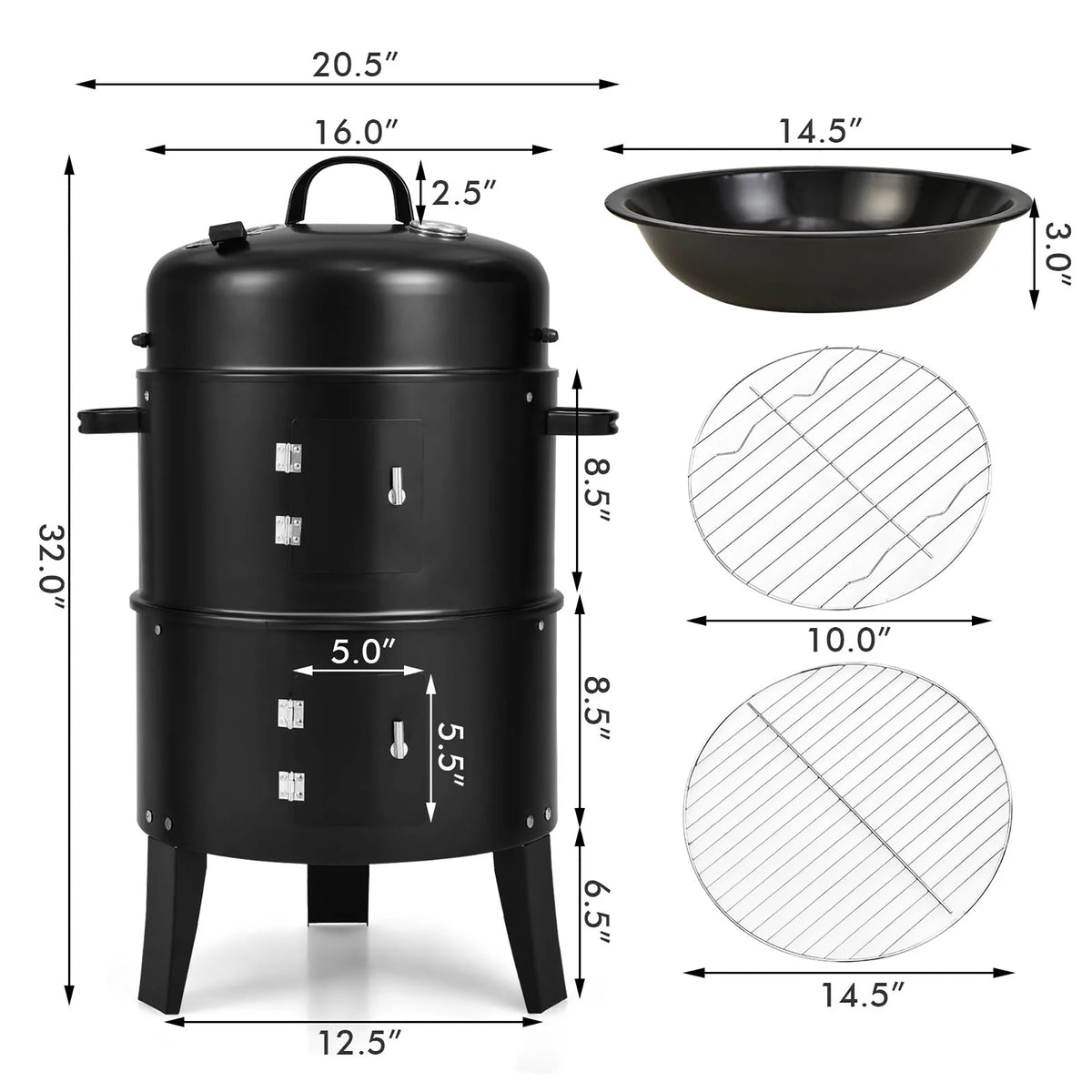 3-in-1 Vertical Charcoal Smoker Grill with 2 Layer O541