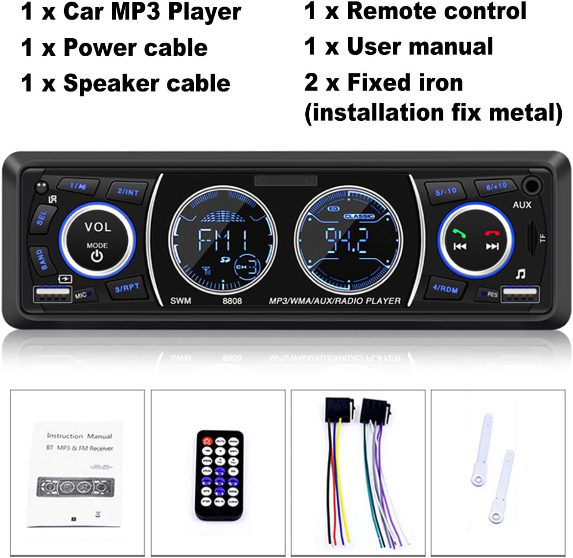 Single DIN Bluetooth Car MP3 Player with Dual USB SD AUX D107