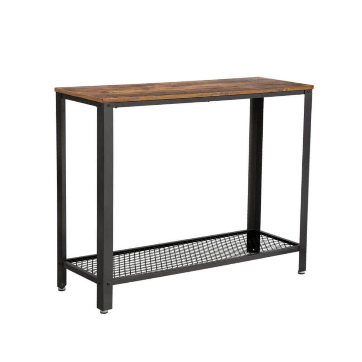 Brown and Black Iron Framed Console Table with Wooden Top and Wire Mesh Open Shelf U964245