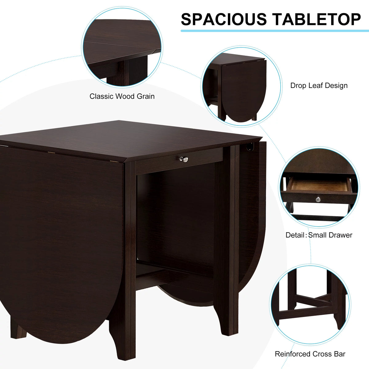 Drop-Leaf Rubberwood Dining Table with Drawer Dark Cappuccino X478