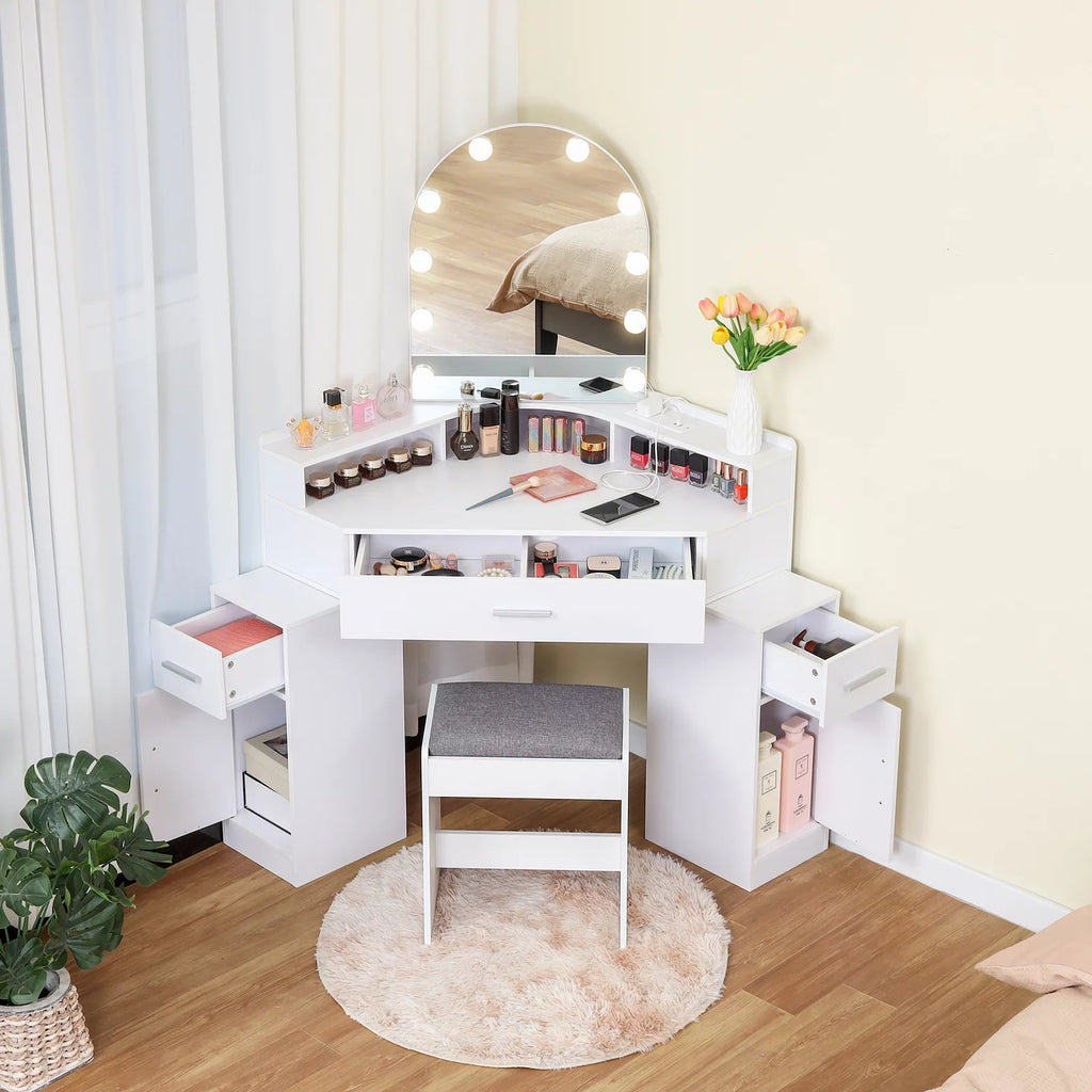 White Corner Vanity Set with Mirror and Stool T78247