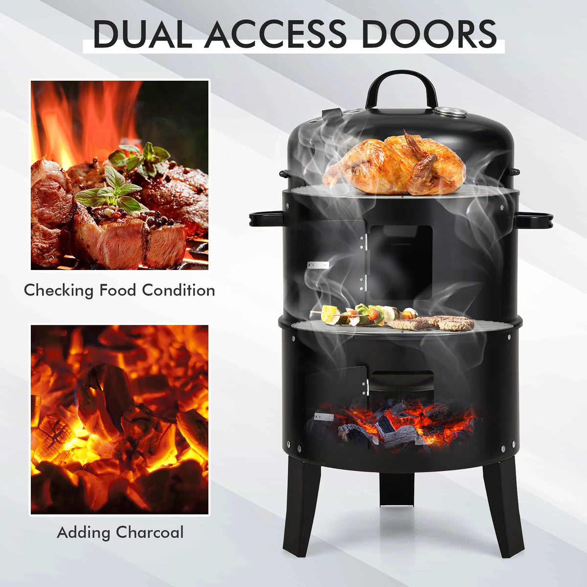 3-in-1 Vertical Charcoal Smoker Grill with 2 Layer O541