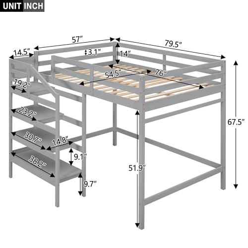 Full Size Gray Wooden Loft Bed with Staircase and Storage Wardrobe I628