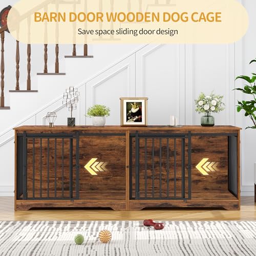 78 Inch Extra Large Double Dog Crate Furniture with Divider, Rustic Brown X381