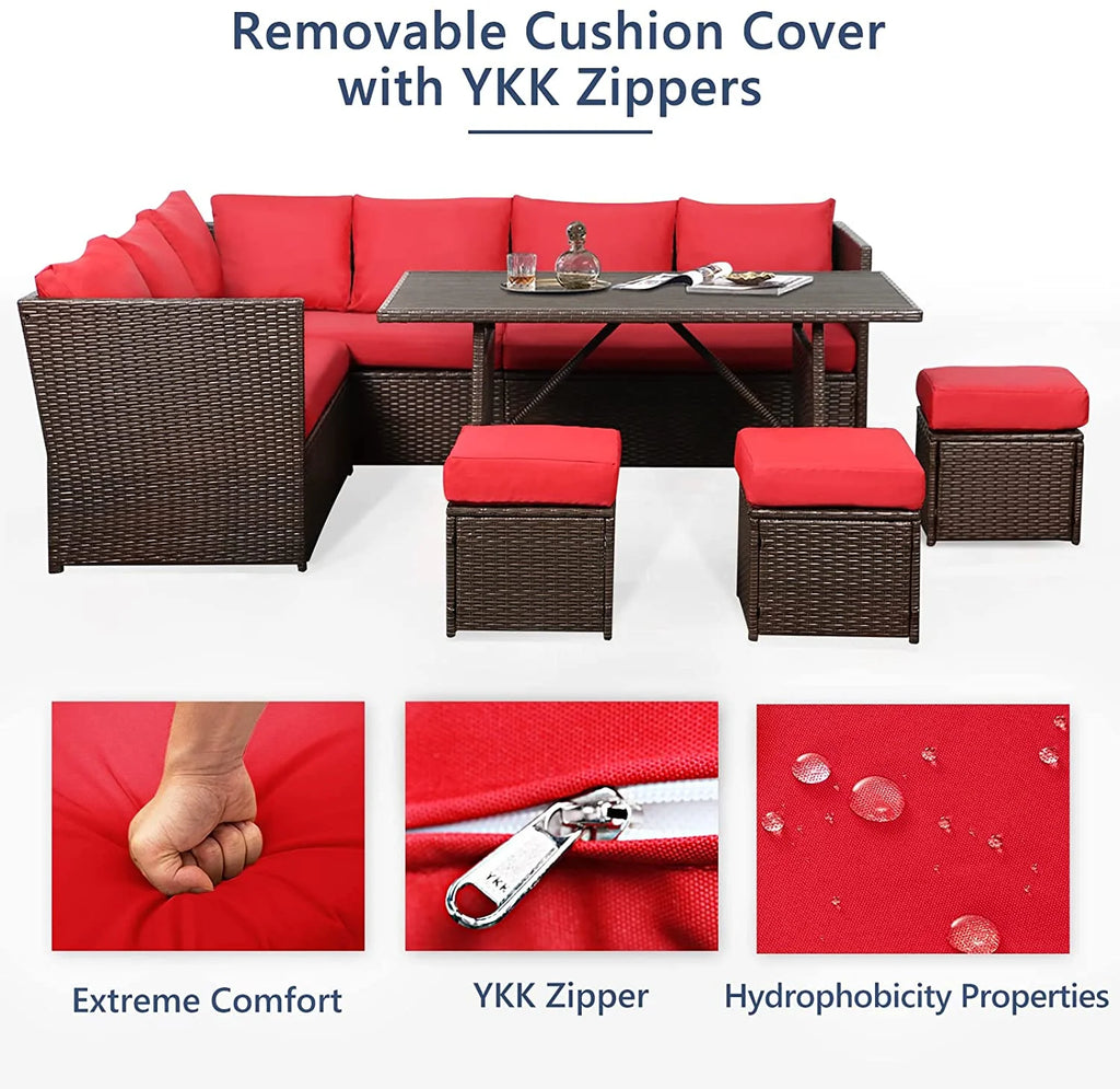 7 Pieces Brown Rattan Patio Furniture Set with Red Cushions I3176