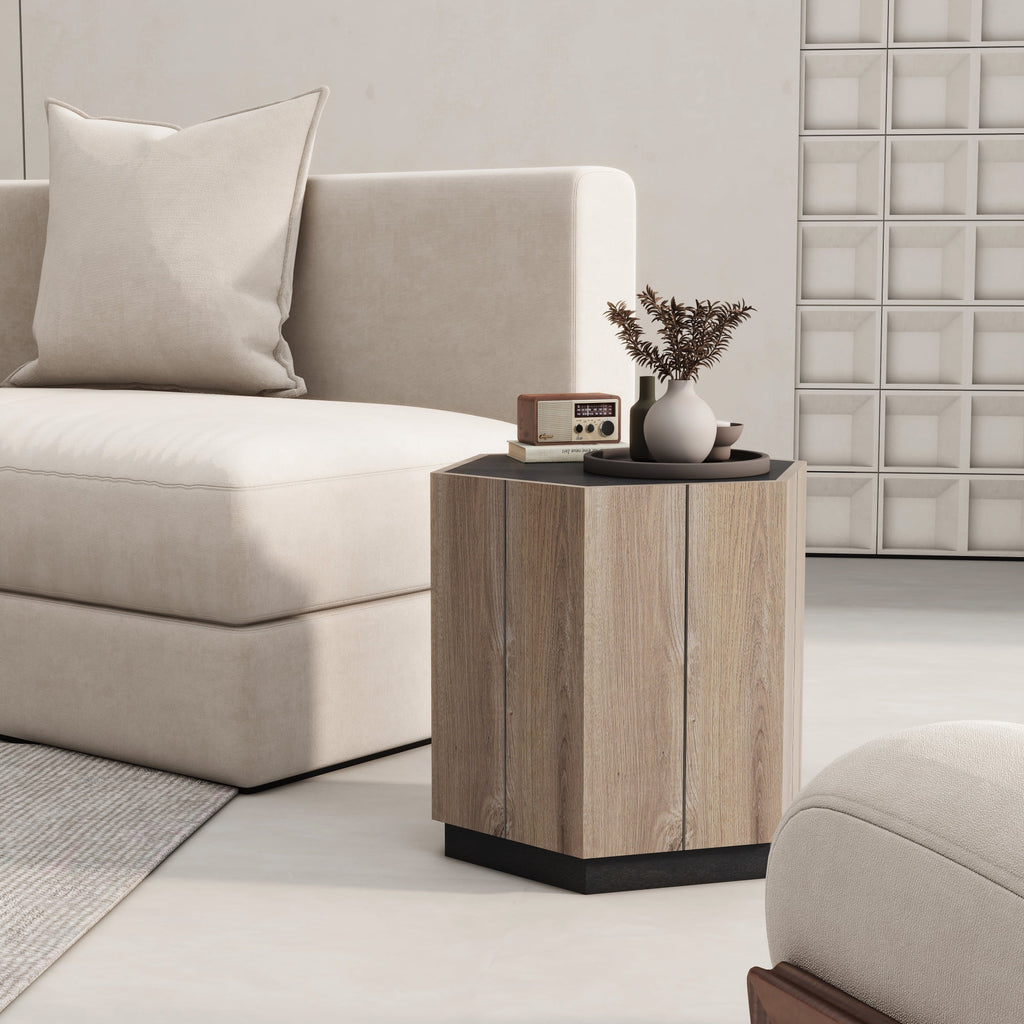 Textured Black Warm Oak Corner Table with Drawer H416