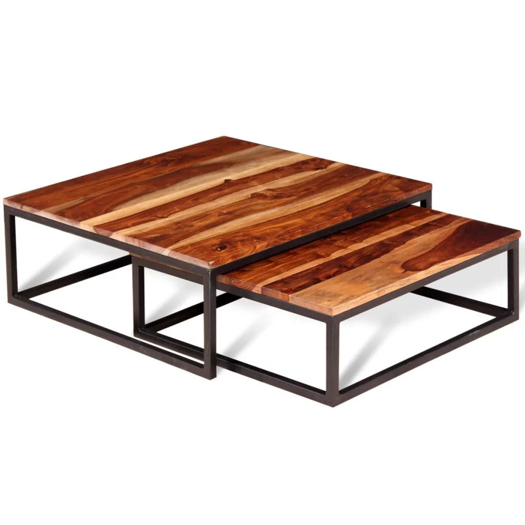 2 Piece Stackable Sheesham Wood Iron Frame Nesting Table Set X911
