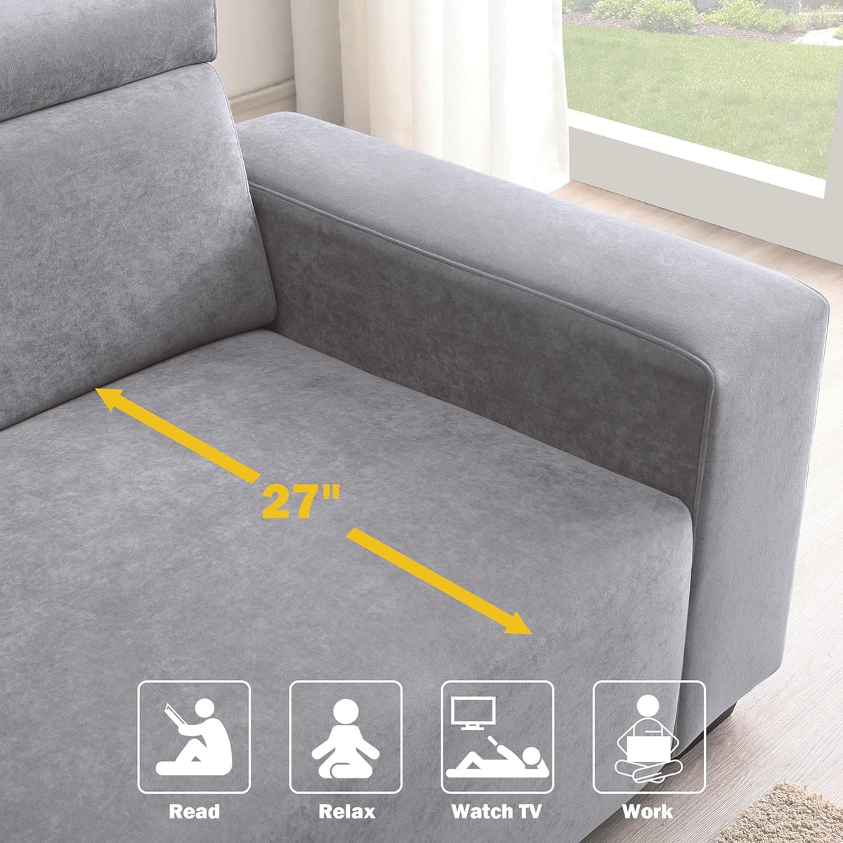 Light Grey Velvet Upholstered Sofa with Adjustable Headrests N933794