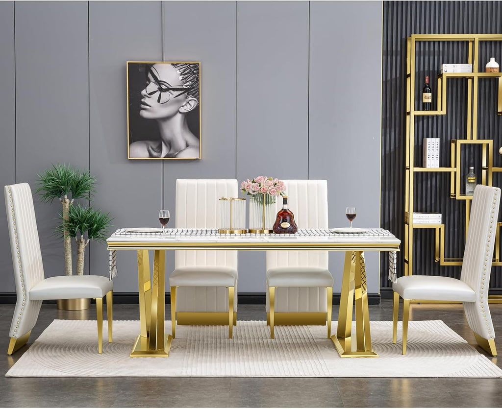 White and Gold 72" Dining Table with Double X-Base J602