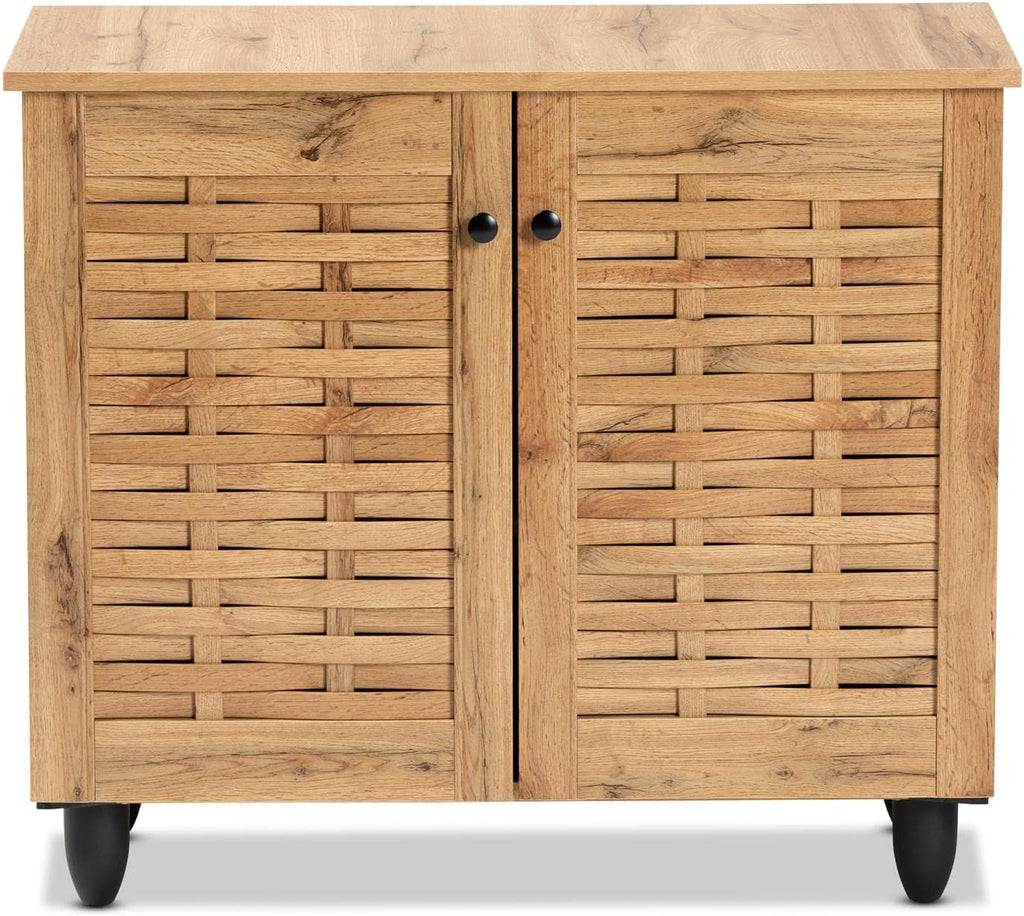 Oak Brown Finished Wood 2-Door Shoe Cabinet U235