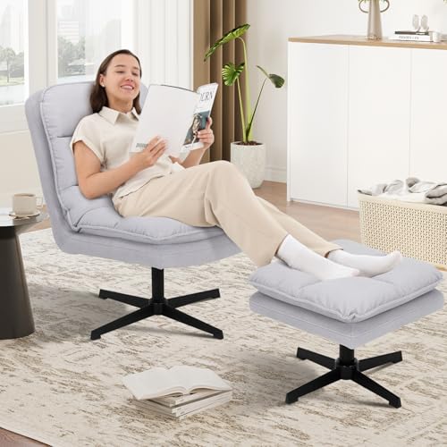 Light Gray Velvet Swivel Accent Chair with Ottoman X90822